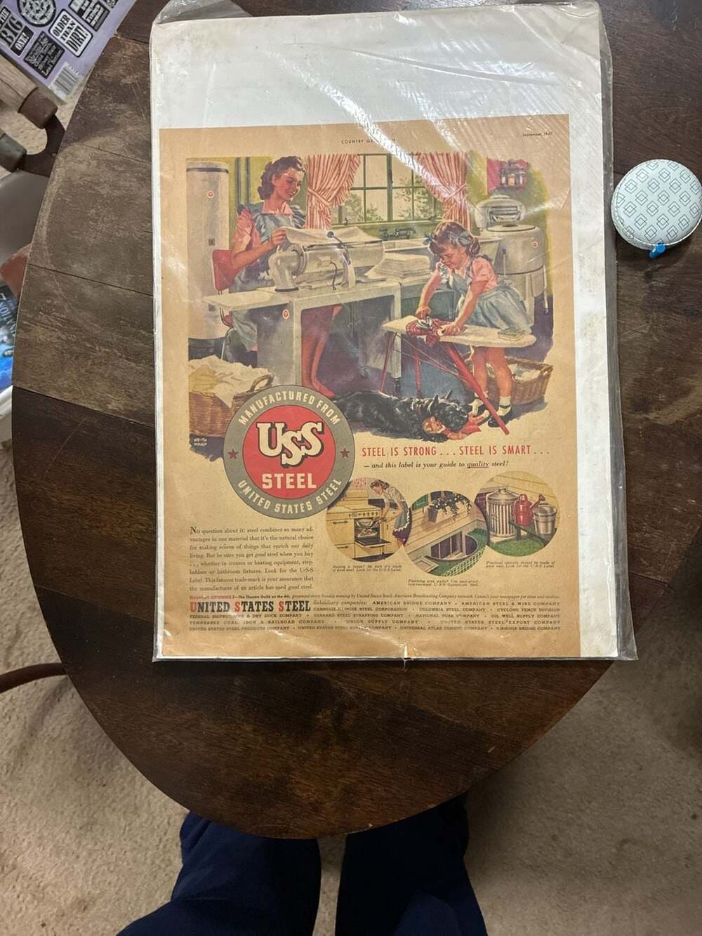 1947 AD USS STEEL ART 40s kitchen Mom Daughter iron , wringer washer NICE 032419